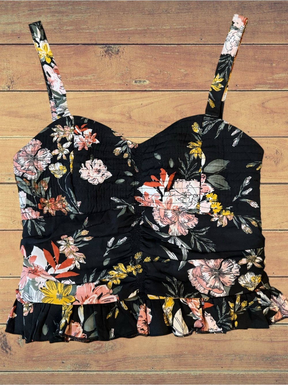 B.O.G. Collective Smocked Floral Ruffle Crop Top Camisole Black Pink XS - Picture 1 of 9